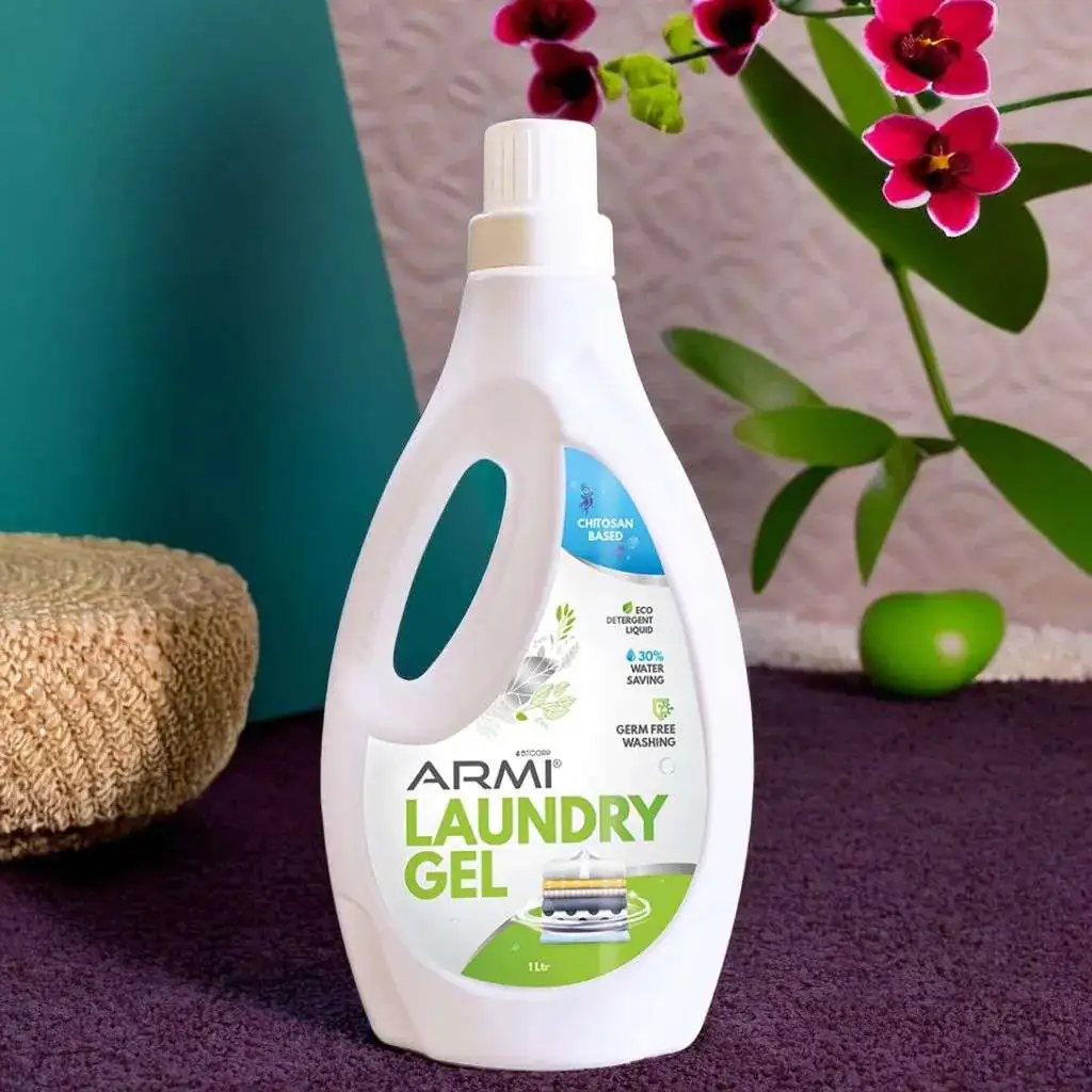 1-liter bottle of ARMI Laundry Gel, a chitosan-based eco-friendly liquid detergent featuring a 30% water-saving formula for germ-free washing.