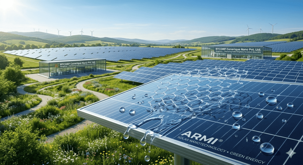 BTCORP ARMI nano coating on solar panels showcasing hydrophobic properties for sustainable green energy.