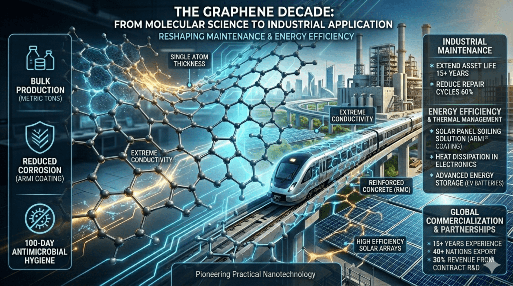 Industrial-scale graphene applications showing a futuristic train, solar panels, and molecular structures representing BTCORP's bulk production and energy efficiency solutions.