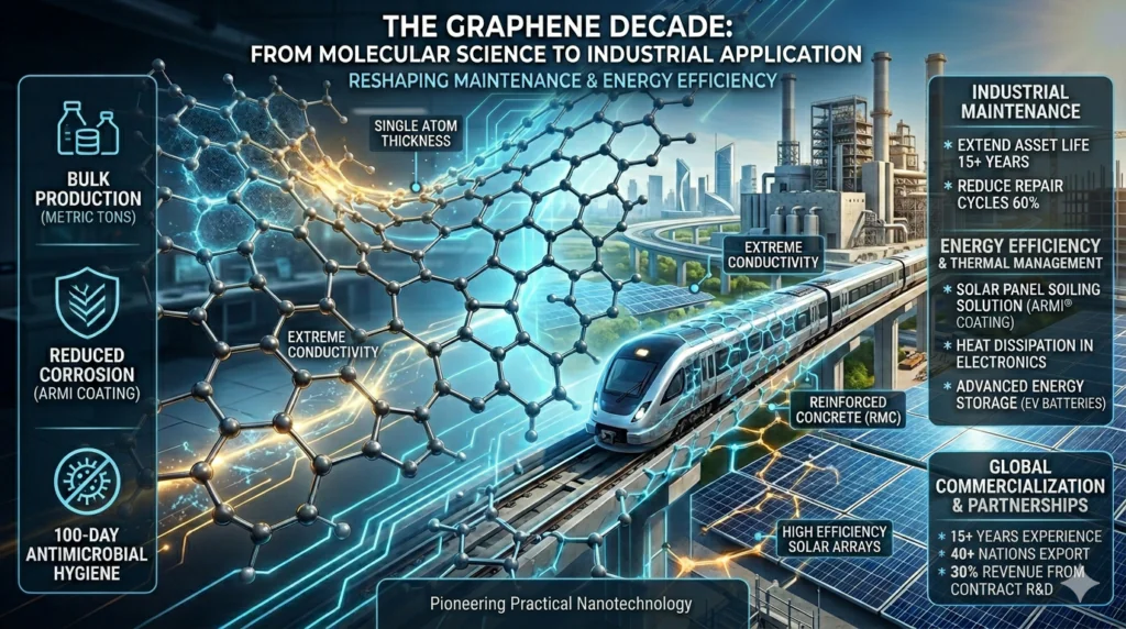Industrial-scale graphene applications showing a futuristic train, solar panels, and molecular structures representing BTCORP's bulk production and energy efficiency solutions.