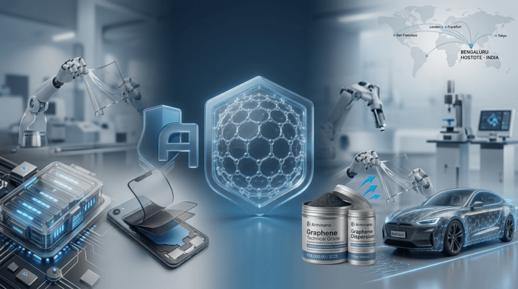 What is Graphene infographic featuring advanced applications in electric car batteries, phone cooling sheets, and nanotechnology molecular structure layout by Arminano.
