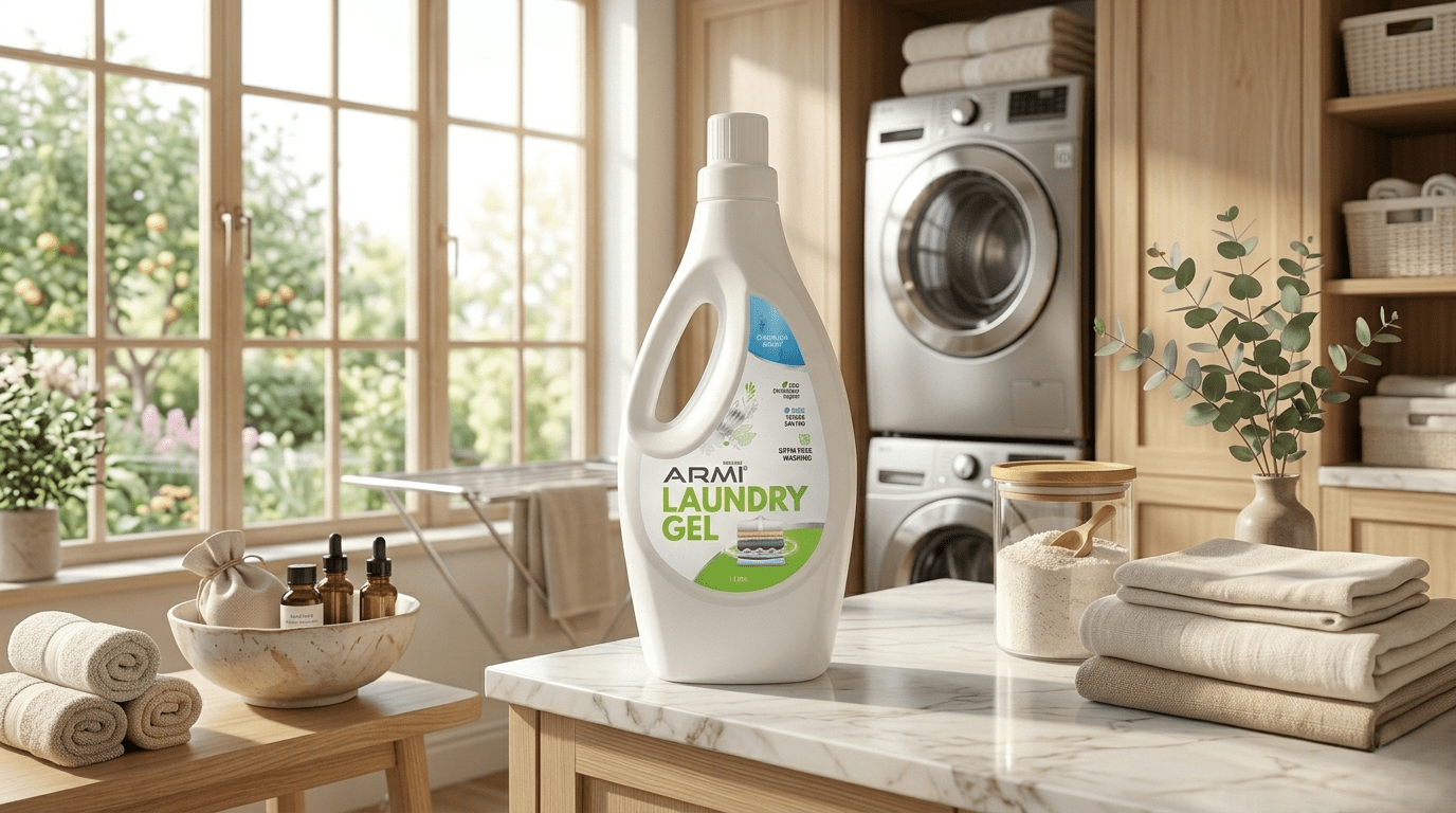 ARMI Eco Friendly Laundry Gel bottle on a marble countertop in a modern laundry room setup