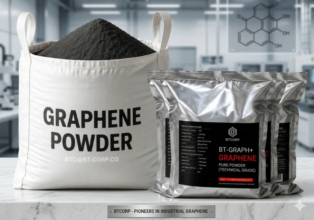 Industrial bulk packaging of BT-GRAPH+ graphene powder by BTCORP Generique Nano in a professional laboratory setting.