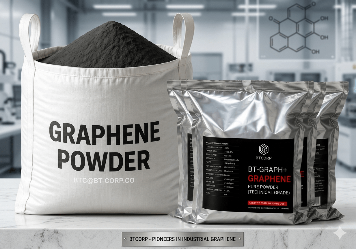 Industrial bulk packaging of BT-GRAPH+ graphene powder by BTCORP Generique Nano in a professional laboratory setting.