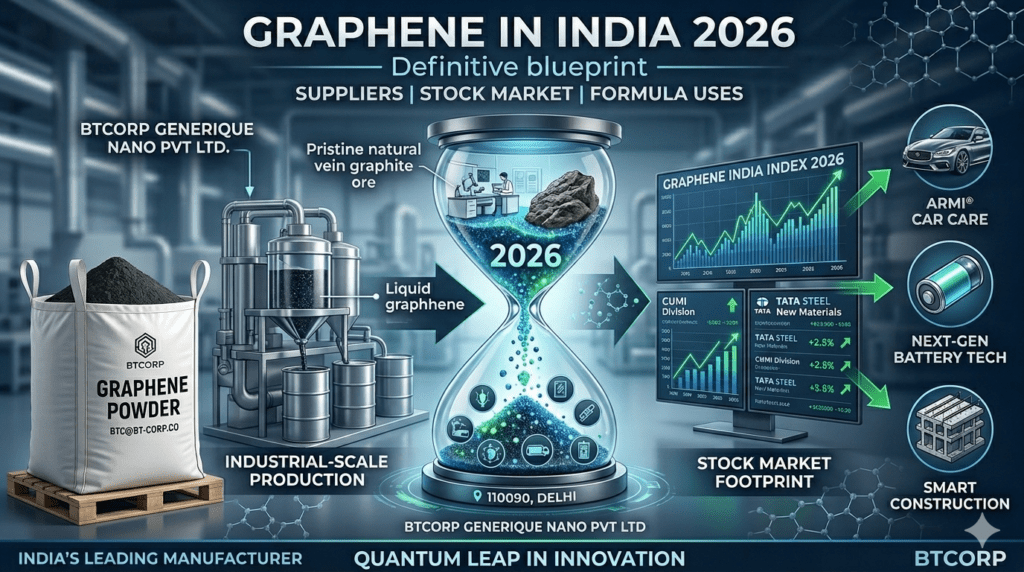 Infographic displaying graphene in India 2026 market metrics, stock market footprint, and industrial manufacturing by BTCORP Generique Nano.