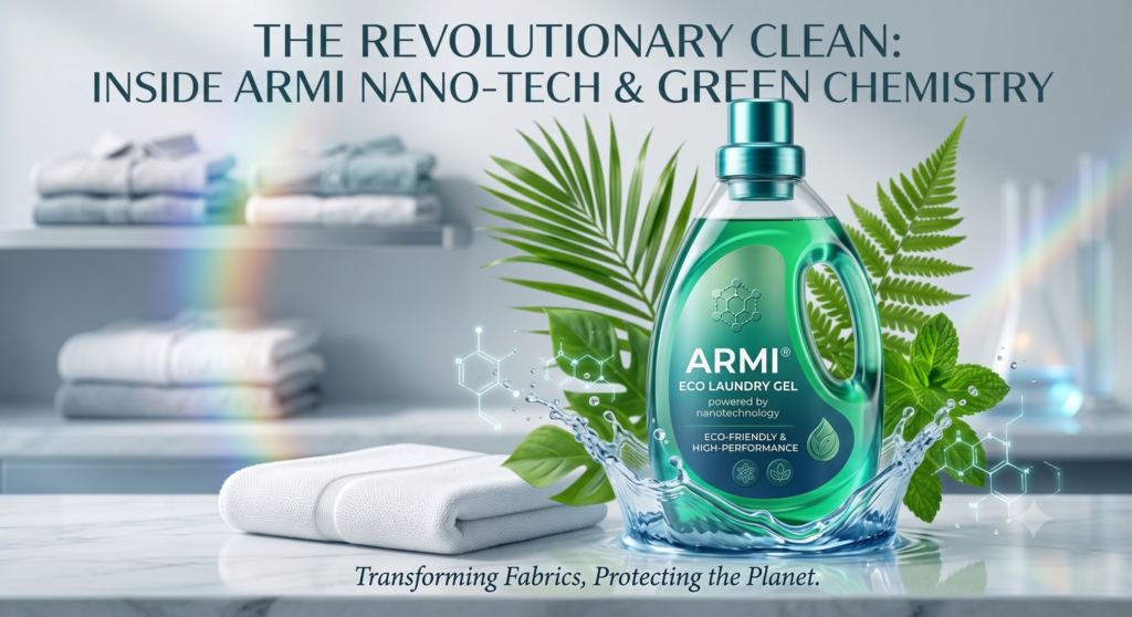 ARMI Eco Laundry Gel bottle on a wooden counter with green plants and nanotechnology molecular graphic background.