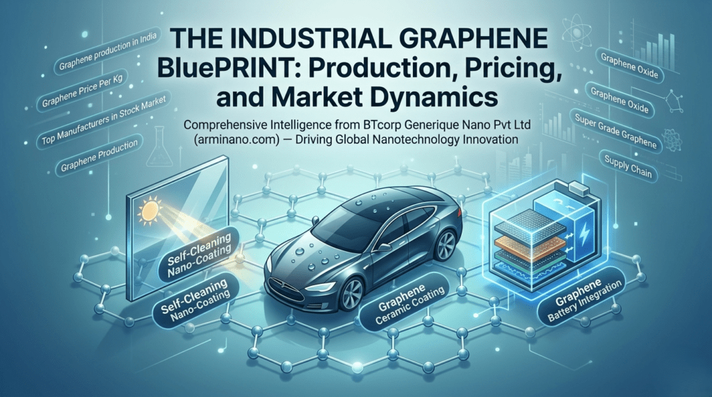 The Industrial Graphene Blueprint banner displaying graphene ceramic coating on a premium car, solar panel nano-coating, and advanced battery integration by BTcorp Generique Nano.