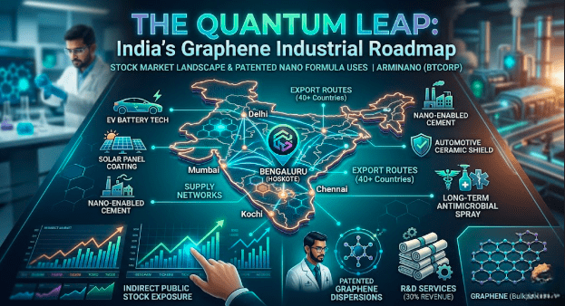 Graphene in India 2026 showcasing manufacturing hubs, stock market metrics, and BTCORP Arminano industrial applications.