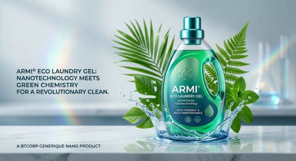 Eco friendly detergent liquid famous brand ARMI eco laundry gel bottle with fresh green leaves and water splash