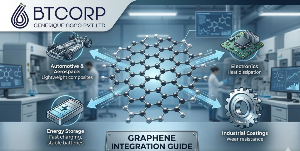 Infographic showing industrial graphene integration across automotive, energy, and electronics sectors, featuring BTcorp Generique Nano Pvt Ltd branding.