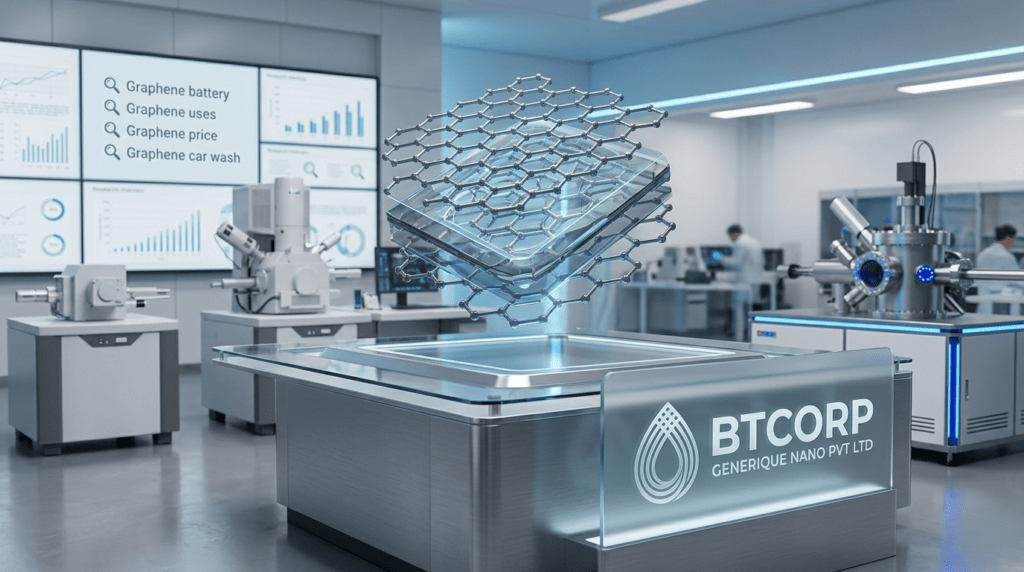 3D visualization of a graphene structure in a high-tech nanotechnology laboratory for BTcorp Generique Nano Pvt Ltd.