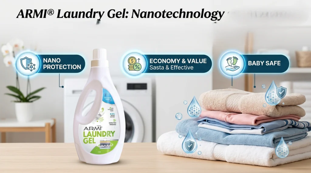 ARMI Laundry Gel nanotechnology powered detergent showcased in the WordPress media library for blog featured image setup.