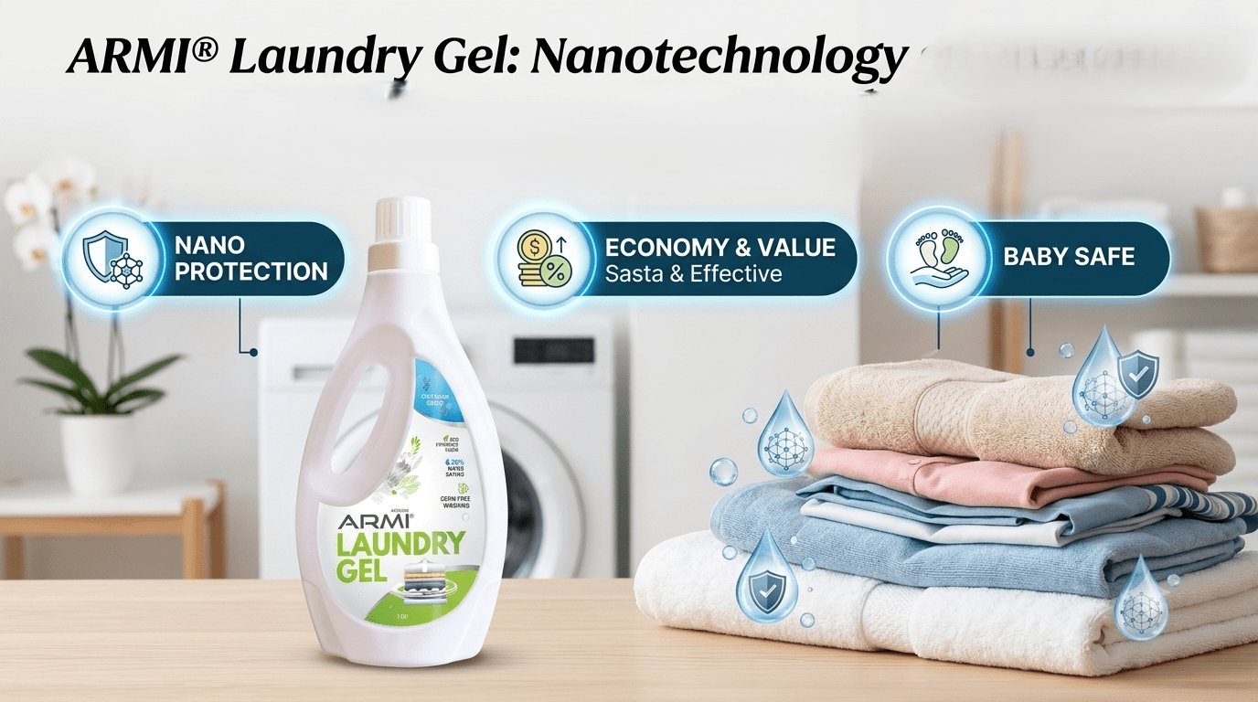 ARMI Laundry Gel nanotechnology powered detergent showcased in the WordPress media library for blog featured image setup.