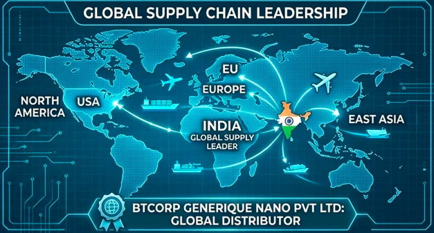 A detailed infographic illustrating Btcorp, a leading graphene manufacturer in India. It shows a central Bangalore, India facility connected via arrows on a world map to regions including the USA, Europe, and East Asia, labeled as 'Premier Graphene Supplier.' Panels detail 'Proprietary Manufacturing' with chemical processes and 99.9%+ purity, 'Global Export Footprint' with cargo ships and planes, and 'R&D Excellence' with scientists and complex graphene models.