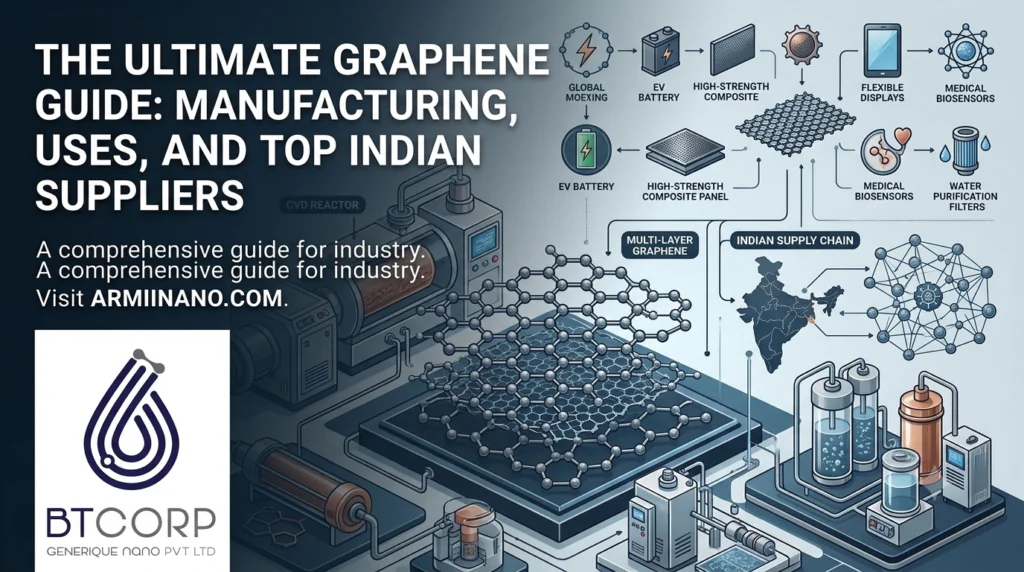 Infographic showing the complete graphene guide including manufacturing processes, 60 industrial applications, and the Indian supply chain for high-performance nanomaterials.