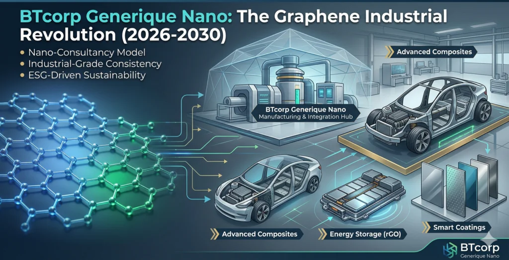 Infographic showing the Graphene Revolution, manufacturing hub, and industrial applications like advanced composites, energy storage (rGO), and smart coatings by BTcorp Generique Nano.