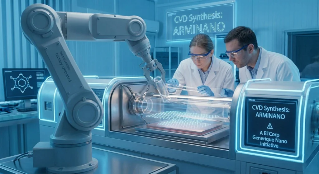 Scientists performing CVD graphene synthesis in a high-tech lab at BTCorp Generique Nano for industrial-scale graphene manufacturing.