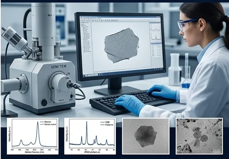 Industrial scientist conducting quality analysis of high-purity graphene samples in a modern nanotechnology laboratory