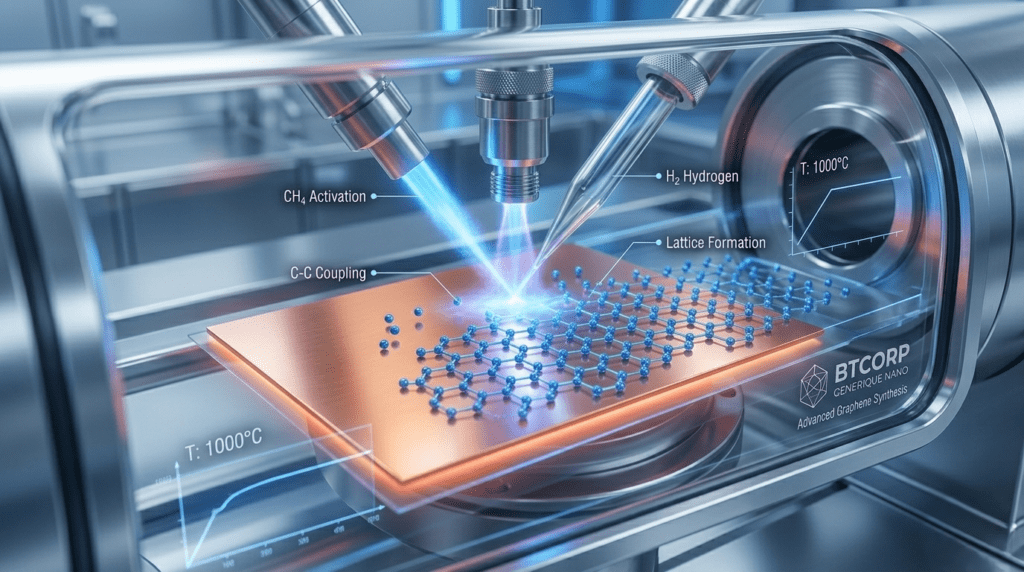 Advanced Graphene Synthesis process showing chemical vapor deposition and molecular lattice formation for industrial applications.