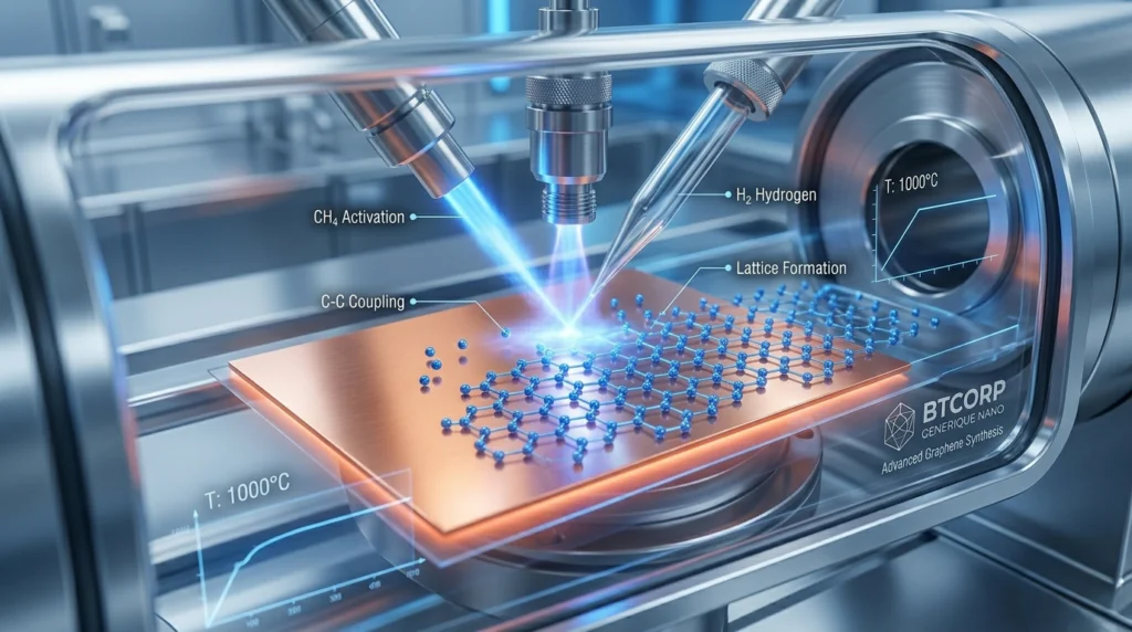 Advanced Graphene Synthesis process showing chemical vapor deposition and molecular lattice formation for industrial applications.