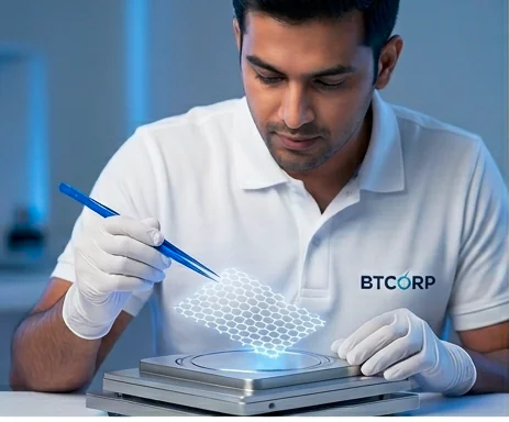 Graphene Manufacturing scientist performing precision research on advanced nanomaterials at BTCORP Generique Nano facility.