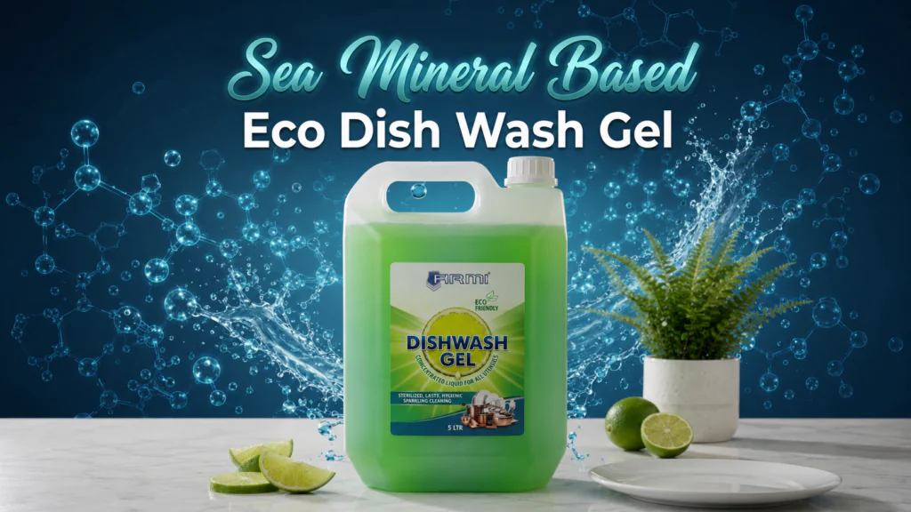 A bottle of ARMI® Sea Mineral Based Eco Dish Wash Gel placed on a wooden surface with a lemon slice and green leaves nearby.