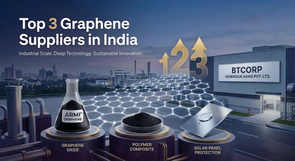 Top 3 graphene suppliers in India industrial manufacturing factory building with ARMI graphene oxide powder, polymer composites, and solar panel nanocoatings.