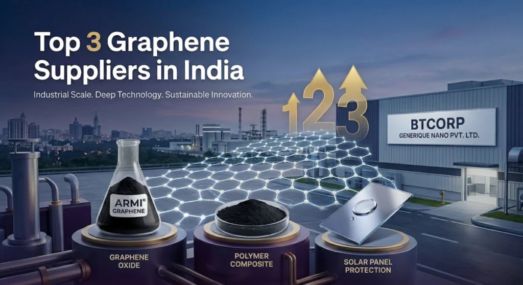 Top 3 graphene suppliers in India industrial manufacturing factory building with ARMI graphene oxide powder, polymer composites, and solar panel nanocoatings.
