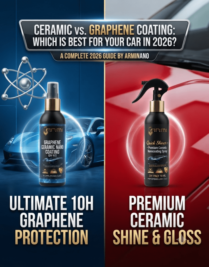 Comparison of Armi Graphene Ceramic Nano Coating vs Quick Shiner spray for premium car paint protection in 2026 by BTCORP Generique Nano Pvt Ltd.