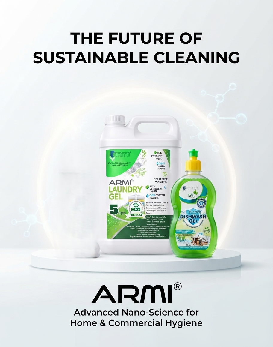 A professional product shot displaying the ARMI® eco-friendly cleaning family: a 5-liter Laundry Gel jerrycan, a 1-liter Laundry Gel bottle, and a 540ml Dishwash Gel bottle, set against a clean, modern background with floating molecular graphics.