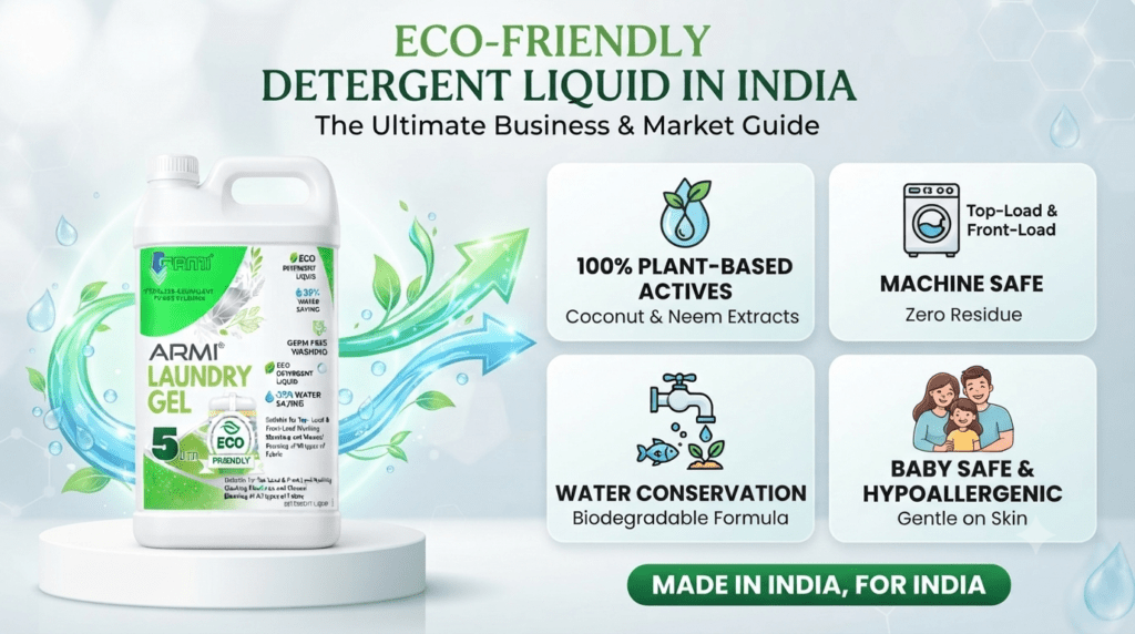 Infographic for 'Eco-Friendly Detergent Liquid in India' featuring a 5-liter Armi Laundry Gel bottle on a pedestal, surrounded by stylized leaves and four information panels highlighting plant-based actives, machine safety for top and front loads, water conservation, and being baby-safe. The text "Made in India, For India" is at the bottom.