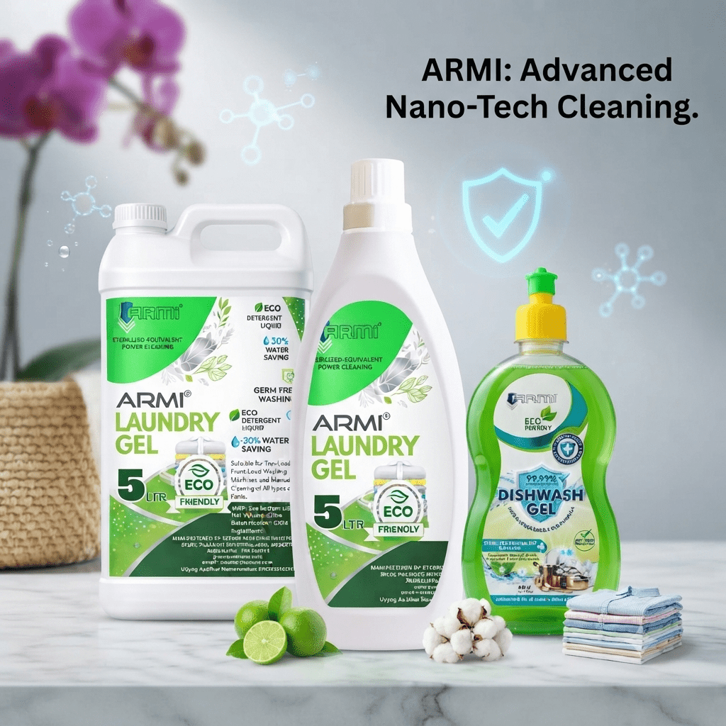 ARMI Eco Laundry Gel and Dishwash Gel bottles by BTcorp Generique Nano Pvt Ltd showcasing advanced eco-friendly nanotech cleaning solutions.