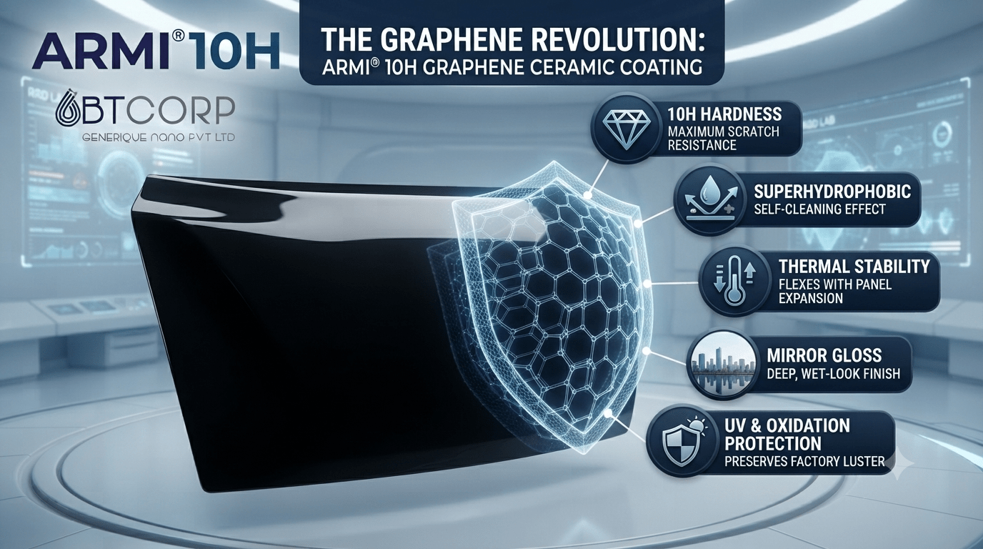 An infographic for ARMI® 10H Graphene Ceramic Coating, developed by BTCORP Generique Nano Pvt Ltd. The image showcases a deep black, mirror-finish car panel with a glowing 3D hexagonal graphene shield integrated into its surface. Call-out boxes list the key benefits: 10H Hardness for maximum scratch resistance, Superhydrophobicity for a self-cleaning effect, Thermal Stability to flex with panel expansion, Mirror Gloss for a deep wet-look finish, and UV/Oxidation Protection to preserve the factory luster.