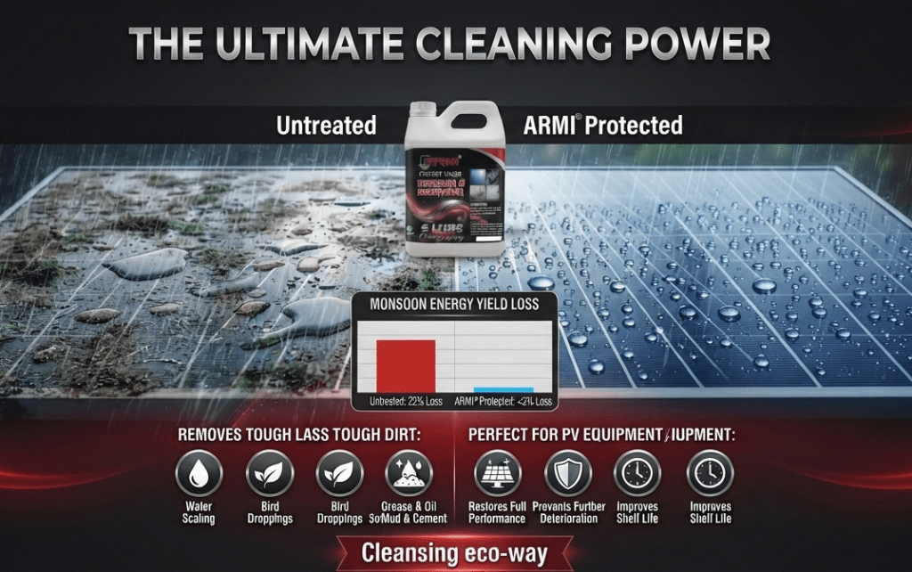 A landscape-format promotional banner for ARMI® Descaler & Degreaser featuring a split-screen comparison of a solar panel during the monsoon season. The left side shows an "Untreated" panel with heavy water pooling, mud, and fungus causing a 22% energy yield loss, while the right side shows an "ARMI® Protected" panel with hydrophobic water beads, crystal-clear surface, and under 3% energy loss. The ARMI® product bottle is placed centrally at the top with branding elements, features, and benefits icons along the bottom.