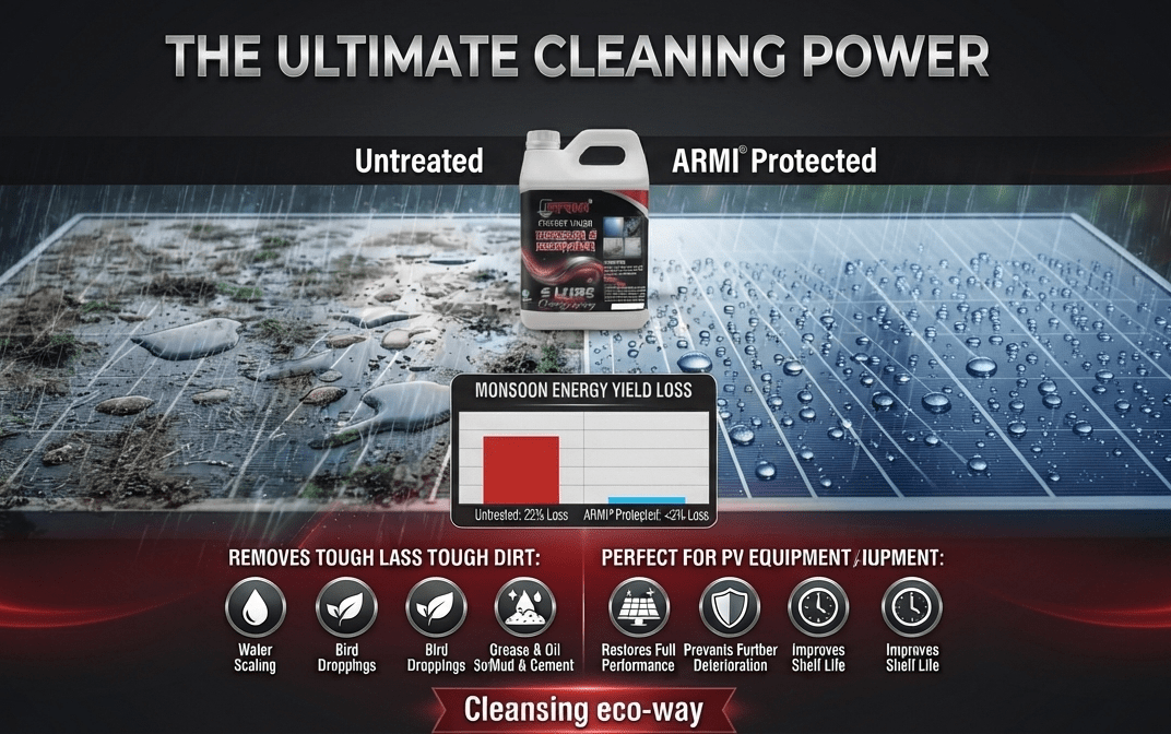 A landscape-format promotional banner for ARMI® Descaler & Degreaser featuring a split-screen comparison of a solar panel during the monsoon season. The left side shows an "Untreated" panel with heavy water pooling, mud, and fungus causing a 22% energy yield loss, while the right side shows an "ARMI® Protected" panel with hydrophobic water beads, crystal-clear surface, and under 3% energy loss. The ARMI® product bottle is placed centrally at the top with branding elements, features, and benefits icons along the bottom.