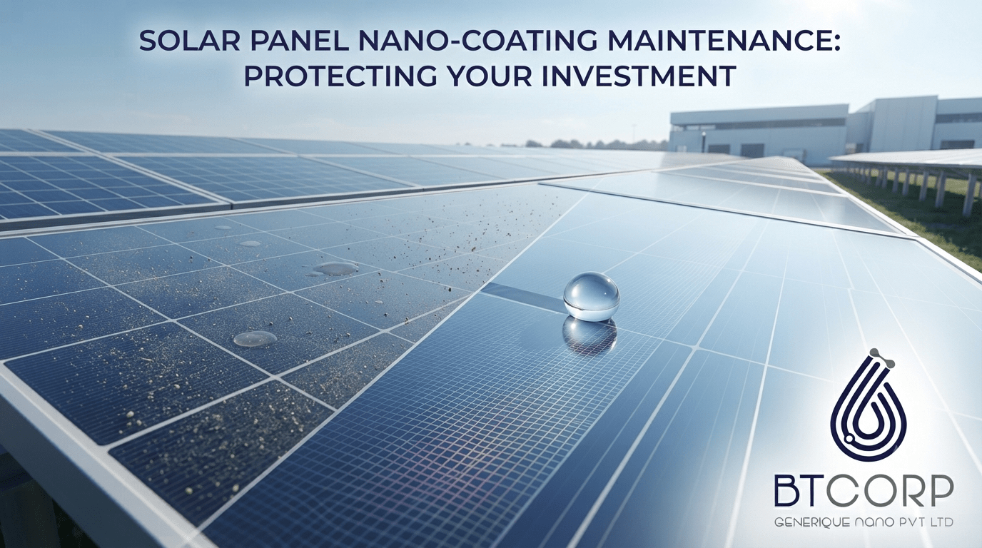 A split-view comparison image showing a dusty, uncoated solar panel on the left and a clean, nanocoated solar panel on the right with a water droplet, branded with the 'BTCORP GENERIQUE NANO PVT LTD' logo and the text 'Solar Panel Nano-Coating Maintenance: Protecting Your Investment