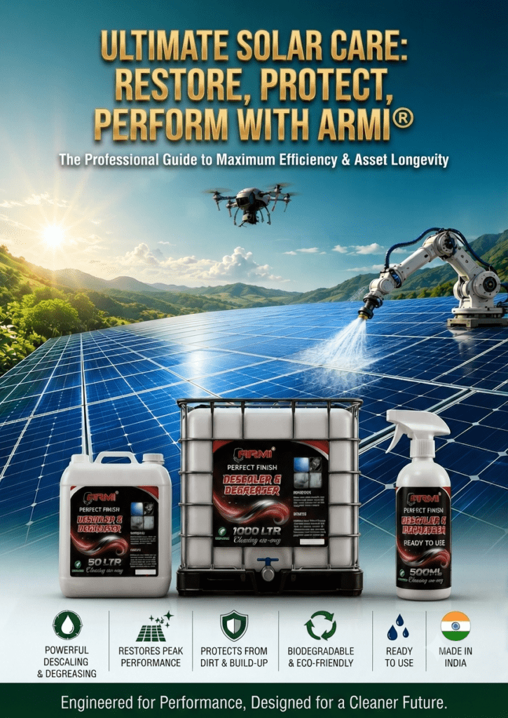 ARMI Perfect Finish professional solar panel descaler and degreaser cleaning solar assets for maximum efficiency and longevity.