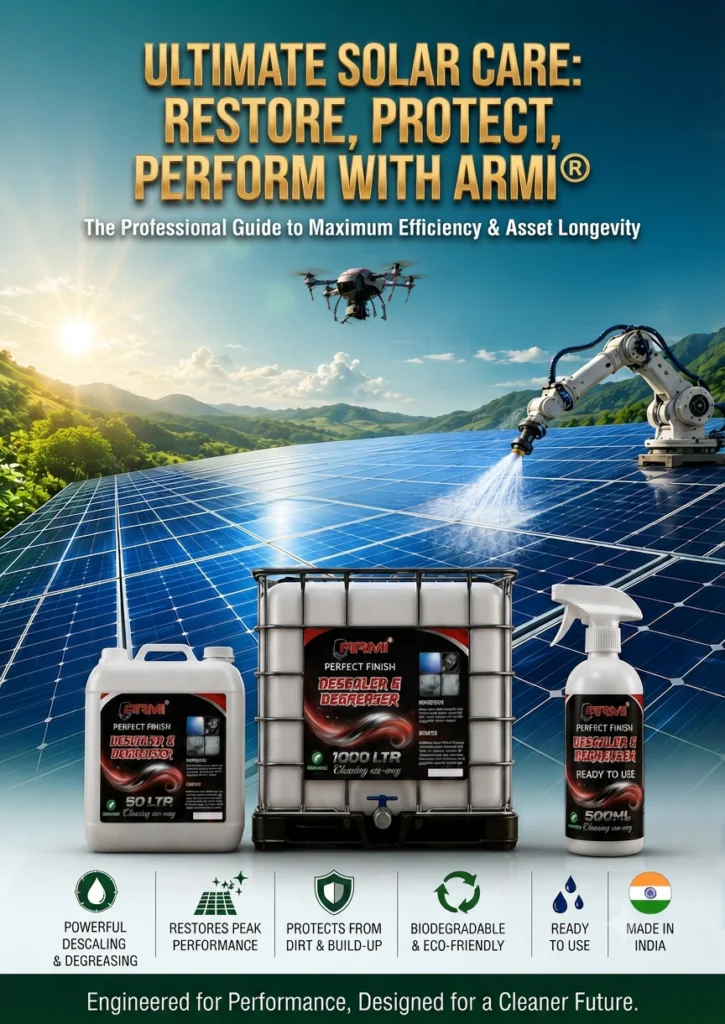 ARMI Perfect Finish professional solar panel descaler and degreaser cleaning solar assets for maximum efficiency and longevity.