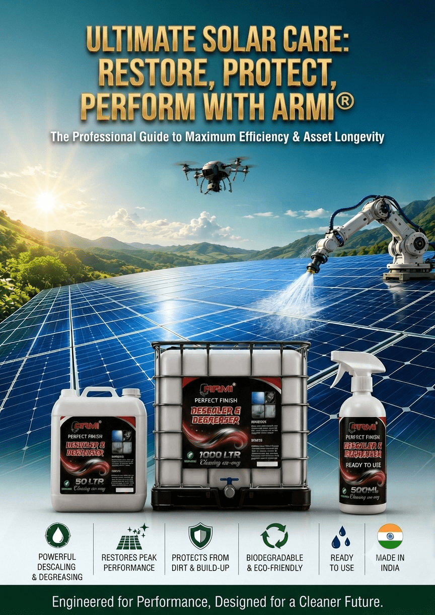 ARMI Perfect Finish professional solar panel descaler and degreaser cleaning solar assets for maximum efficiency and longevity.