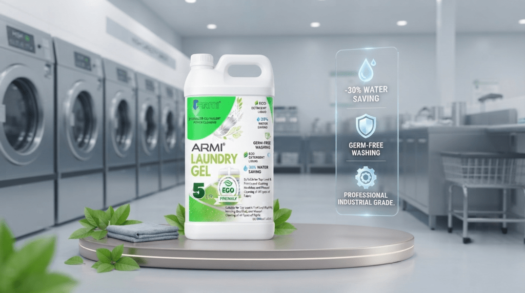 A 5L bottle of Armi Laundry Gel placed on a studio podium in a modern laundry facility with a digital infographic panel displaying water-saving, germ-free, and professional-grade features.