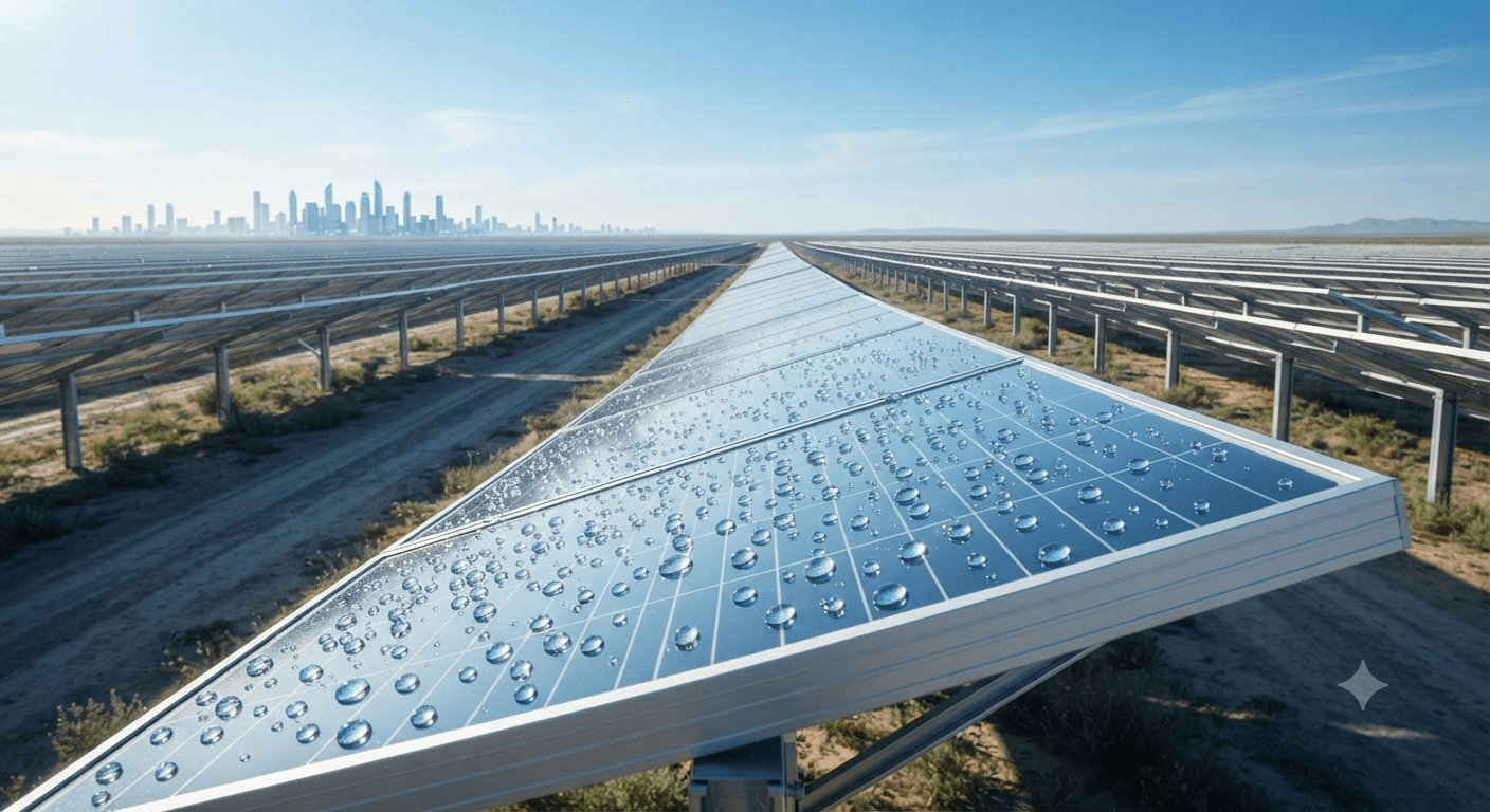 Solar panel farm with advanced hydrophobic nanocoating for peak energy efficiency.