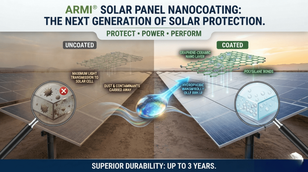 Comparison showing uncoated solar panels with dirt accumulation versus ARMI® coated solar panels featuring graphene-ceramic nanocoating for enhanced self-cleaning and energy efficiency.