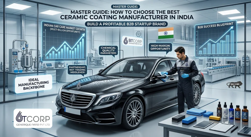 A professional automotive detailer applying ceramic coating to a black luxury car inside a high-tech manufacturing laboratory, featuring B2B market growth charts and the BTcorp Generique Nano Pvt. Ltd. logo.