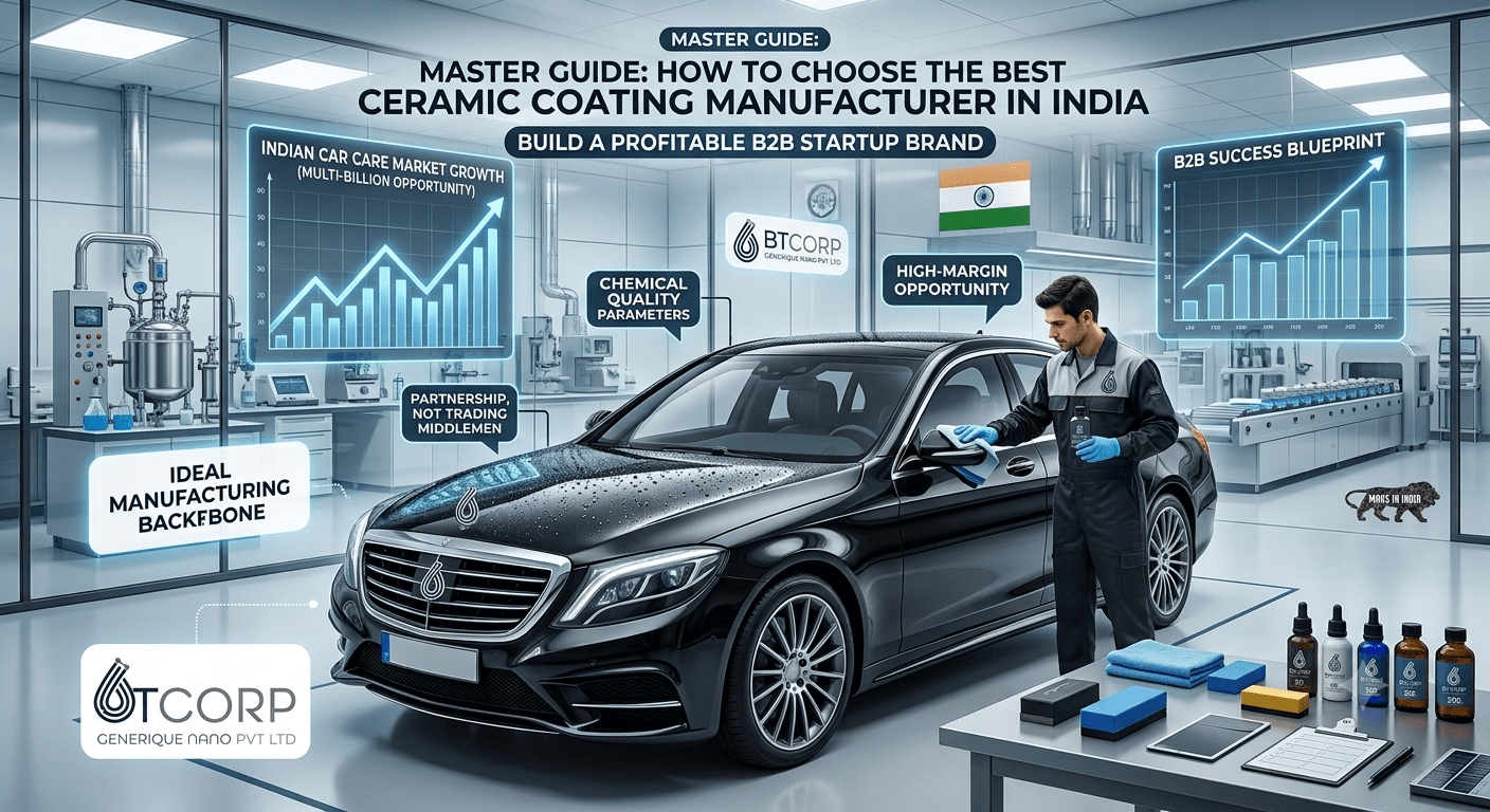 A professional automotive detailer applying ceramic coating to a black luxury car inside a high-tech manufacturing laboratory, featuring B2B market growth charts and the BTcorp Generique Nano Pvt. Ltd. logo.