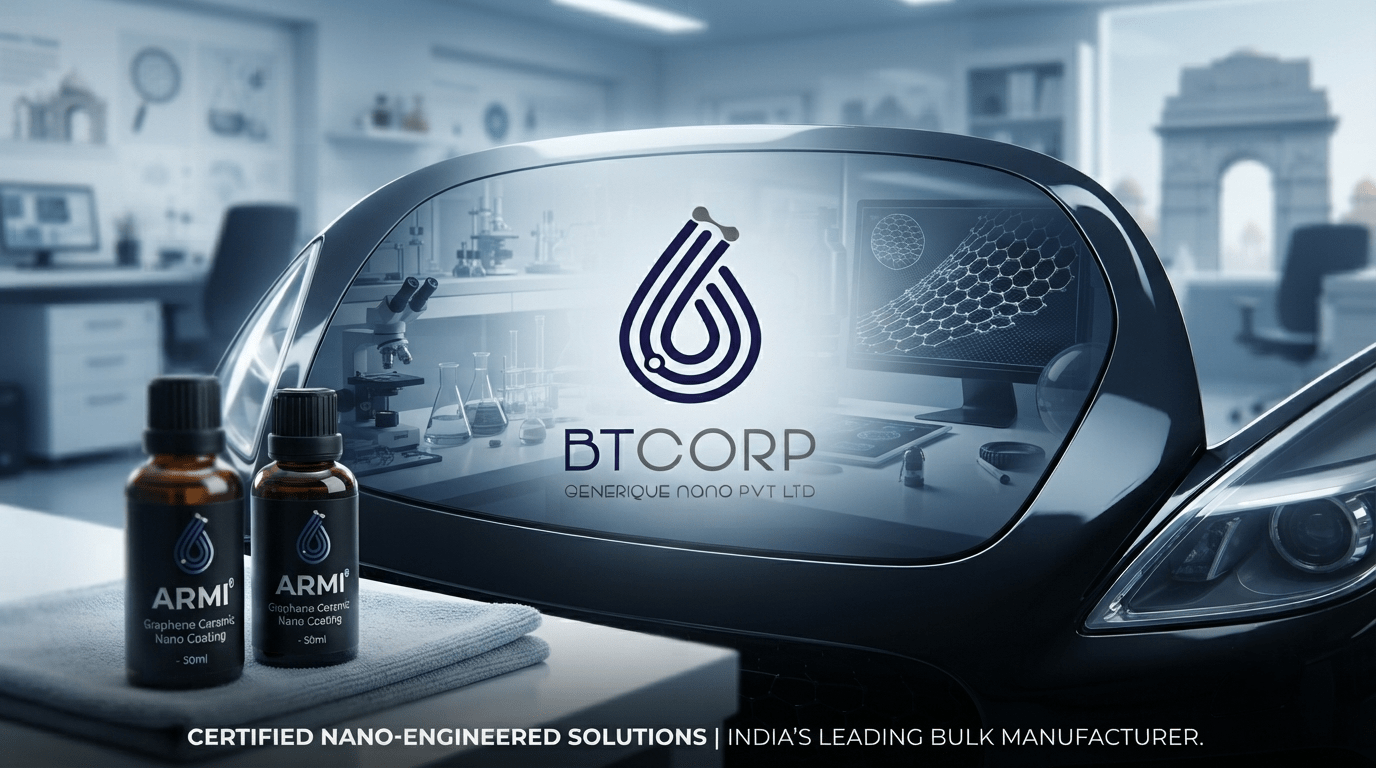 Featured image for the blog post 'Ceramic Coating Manufacturers in India' showing a highly polished car panel reflecting the BTcorp Generique Nano logo and a nanotechnology lab, with ARMI Graphene Ceramic Nano Coating bottles in the foreground.