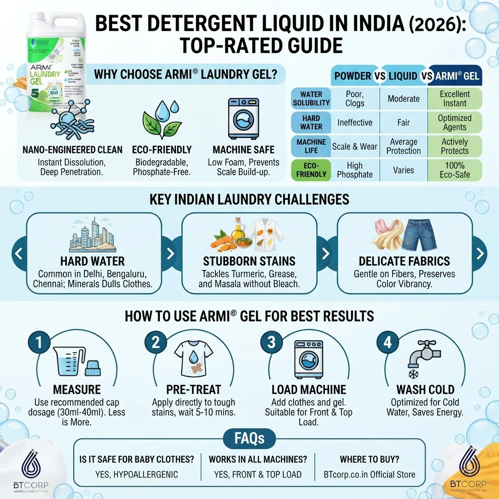 Infographic guide for the Best Detergent Liquid in India 2026, comparing Armi Laundry Gel with regular powder and liquid detergents, and explaining how to tackle Indian laundry challenges like hard water and stubborn stains.