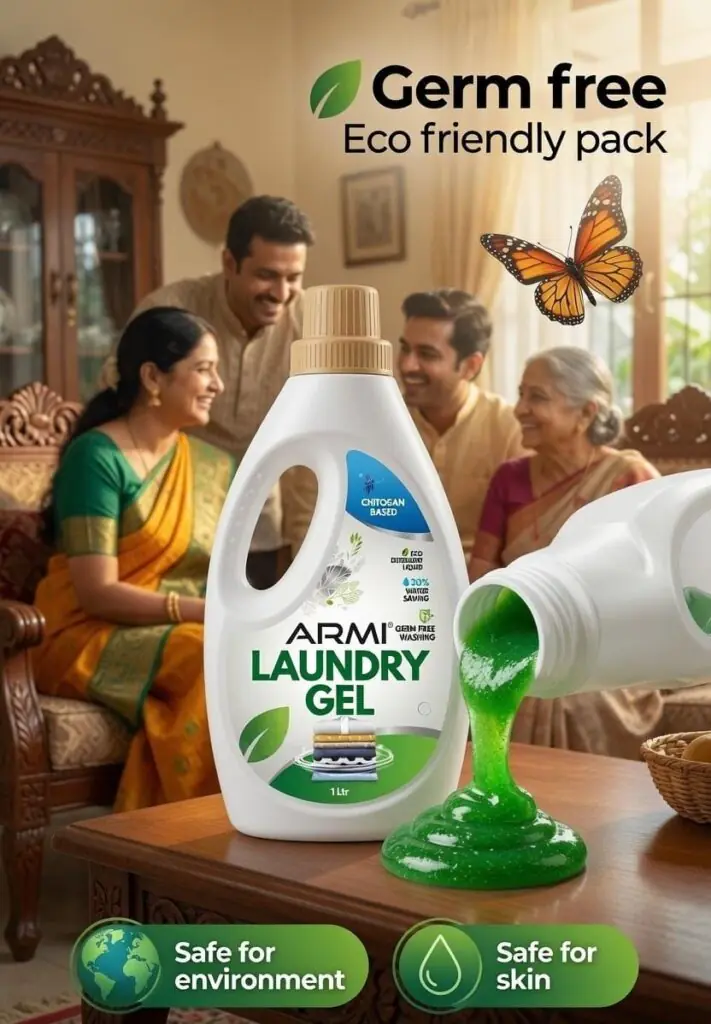 Best detergent liquid in India bottle featuring ARMI Eco Laundry Gel with green gel texture, family background, and eco-friendly badges