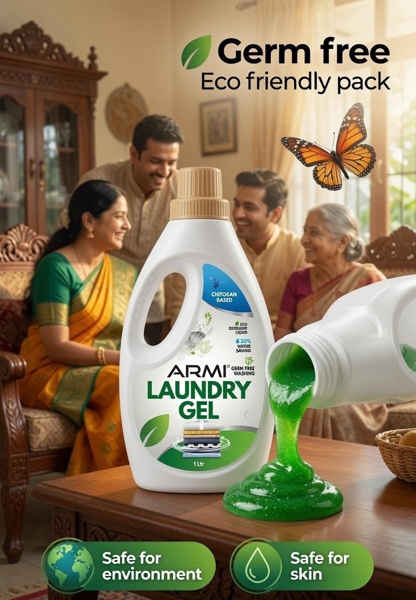 Best detergent liquid in India bottle featuring ARMI Eco Laundry Gel with green gel texture, family background, and eco-friendly badges