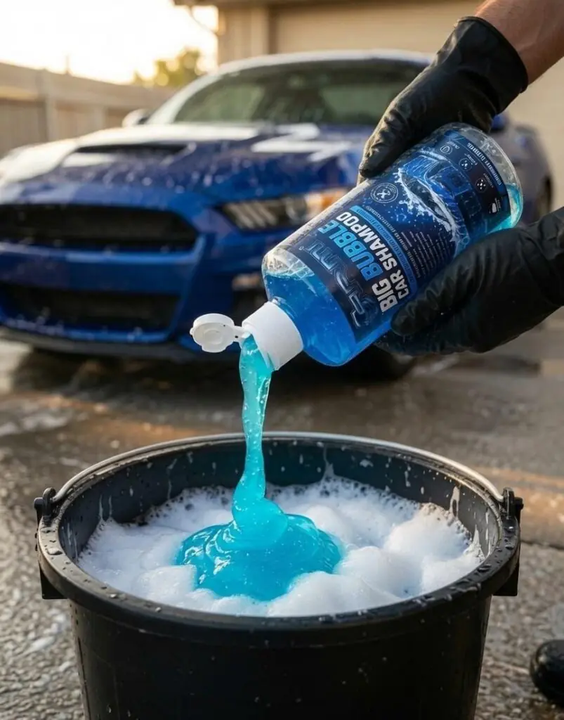 ARMI® Big Bubble Car Shampoo pouring into a bucket of water for a rich foam wash.