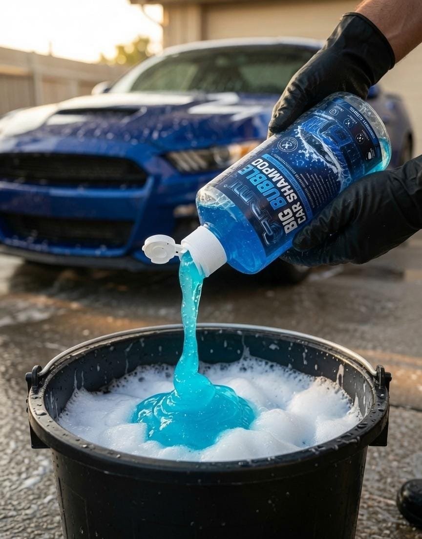 ARMI® Big Bubble Car Shampoo pouring into a bucket of water for a rich foam wash.